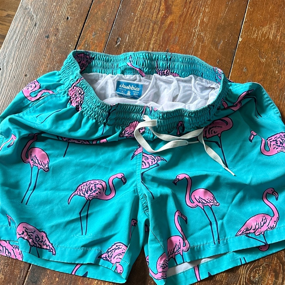 chubbies Teal and Pink Flamingo Swim Trunks